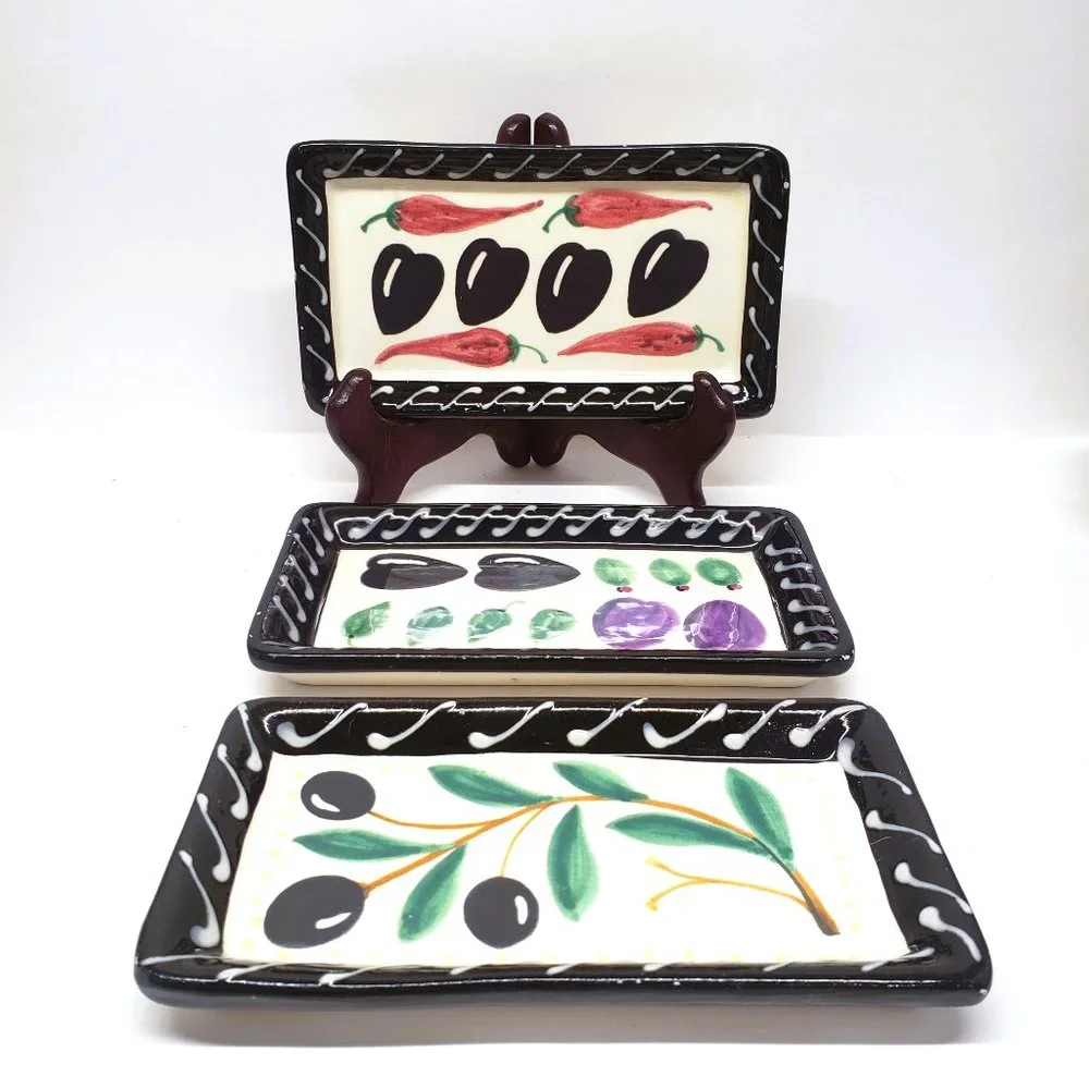 Crate & Barrel Debby Segura Olive Dishes Dipping Trays Set x3 Italy 1999 - READ
